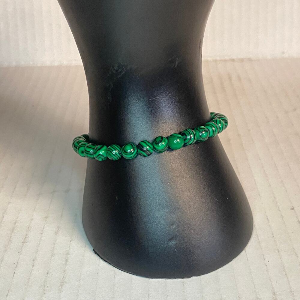 Women's Green Black Faux Malachite Stretch Beaded Bracelet